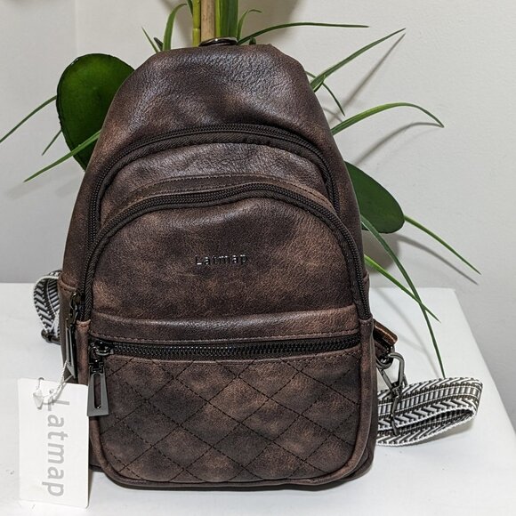 LATMAP Sling Bag Women's  Fanny Pack Faux Leather  Backpack Brown NWT - Picture 4 of 13